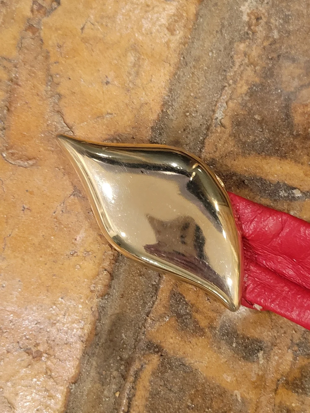 Vintage 80's Red Leather Waist Belt with Gold Leaf Accent
